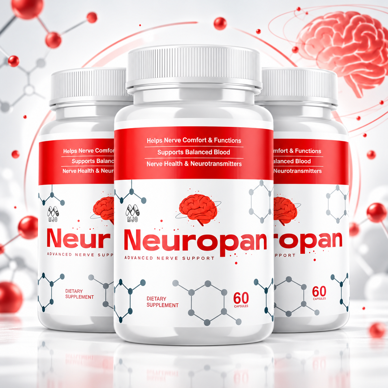 Neuropan advanced nerve support bottles with brain and molecule graphic